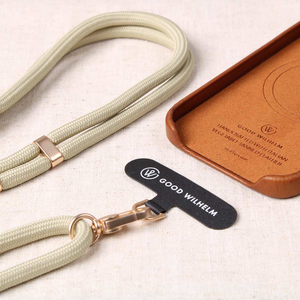 Good Wilhelm Handykette Handyband in Salbei mit goldenem Karabiner und Befestigungselement für Handyhülle