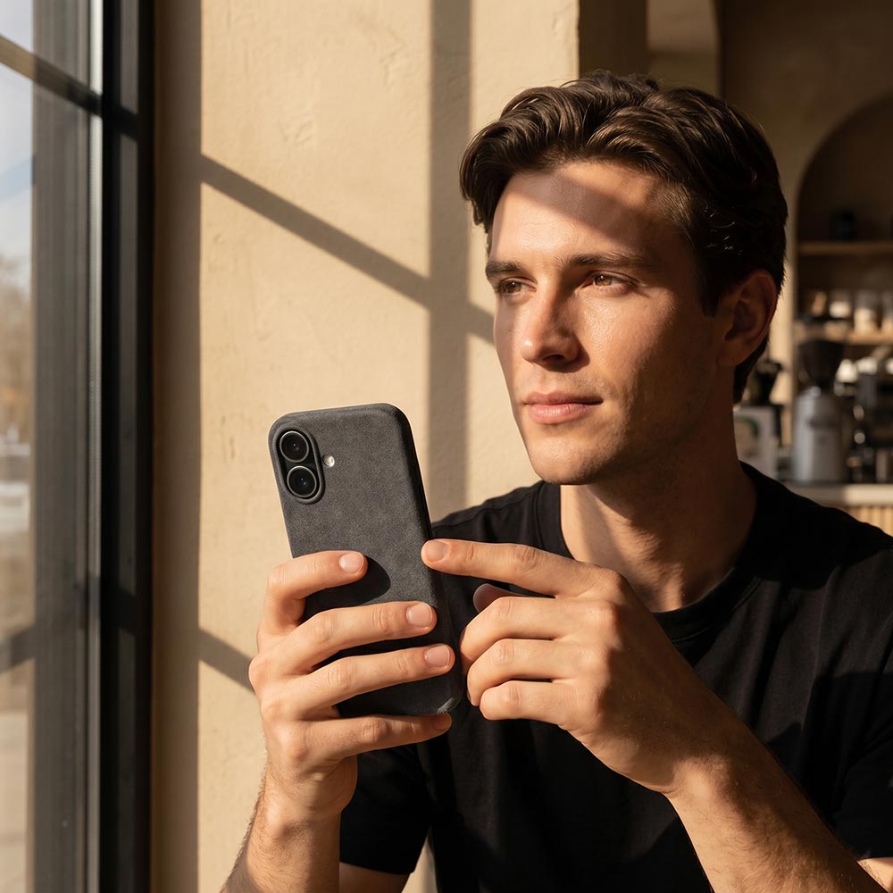 Ein Mann hält die iPhone 17 Hülle aus Alcantara in Charcoal Grey in der Hand