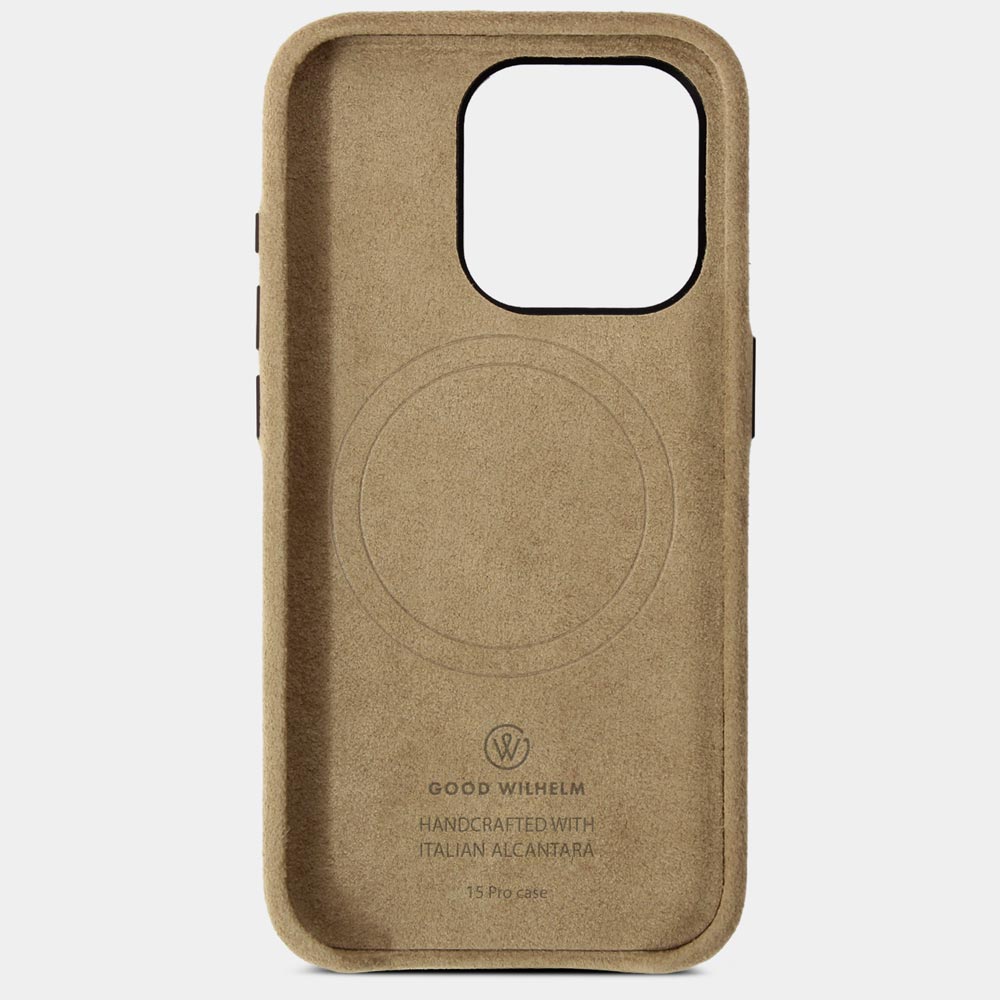 High-quality beige Alcantara iPhone case, front (inside) with visible MagSafe and high-quality embossed logo, detached.
