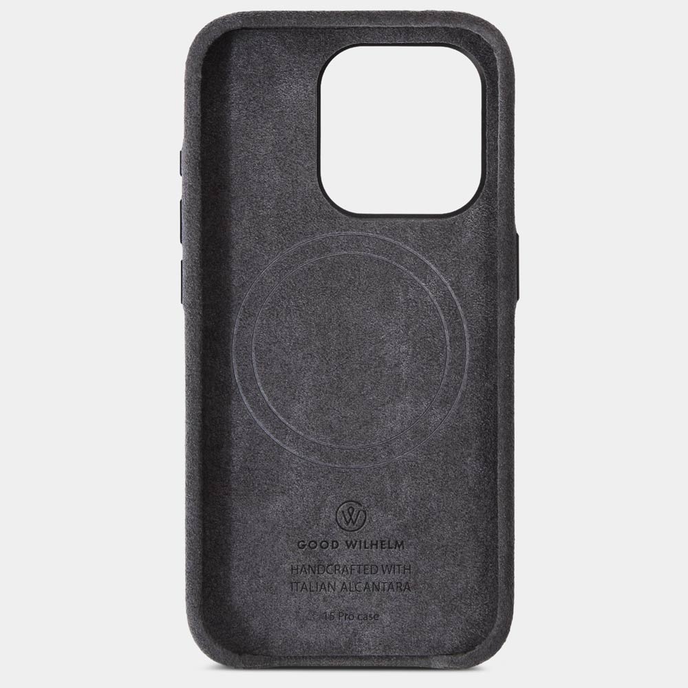 High-quality gray Alcantara iPhone case, front (inside) with visible MagSafe and high-quality embossed logo, detached.