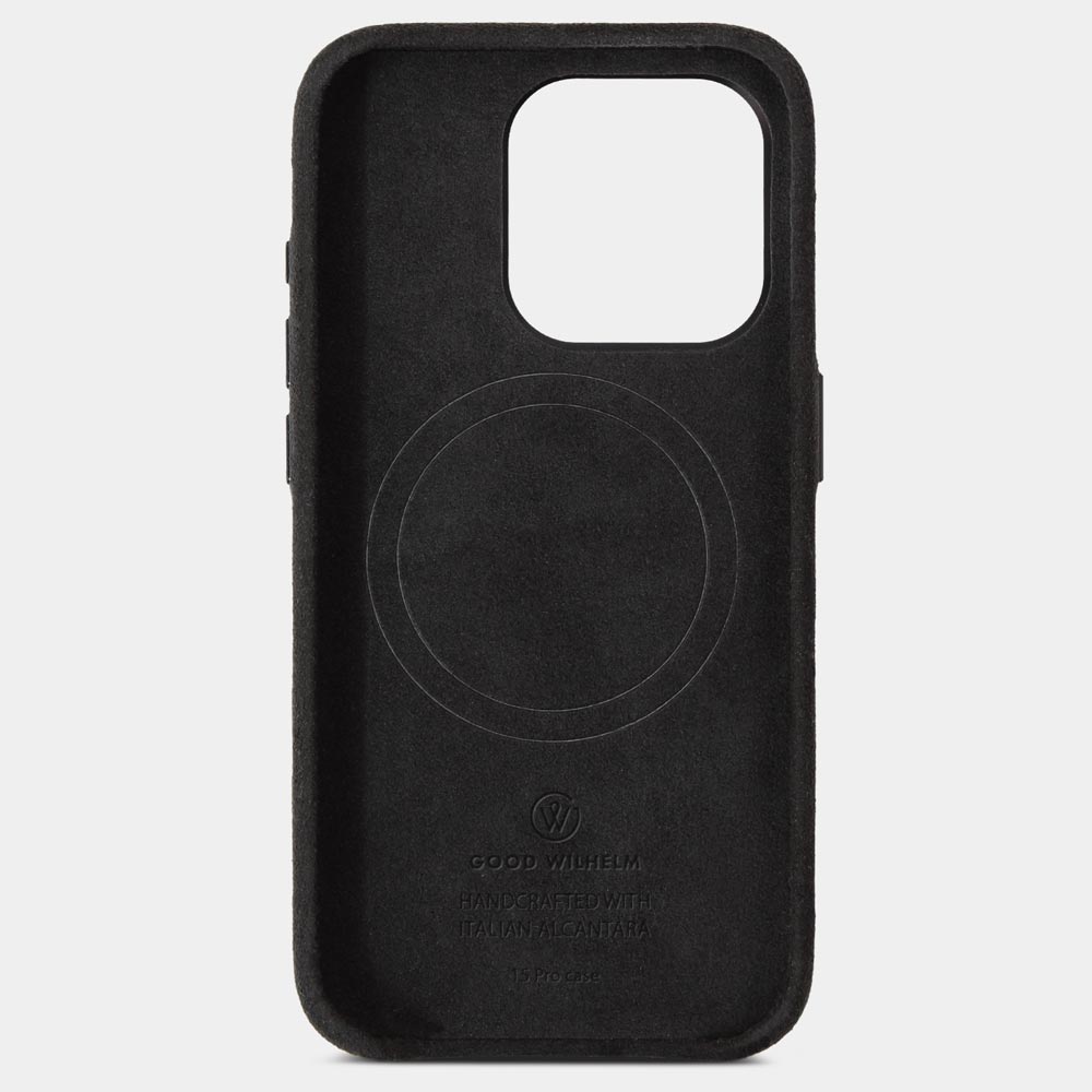 High-quality black Alcantara iPhone case, front (inside) with visible MagSafe and high-quality embossed logo, detached.