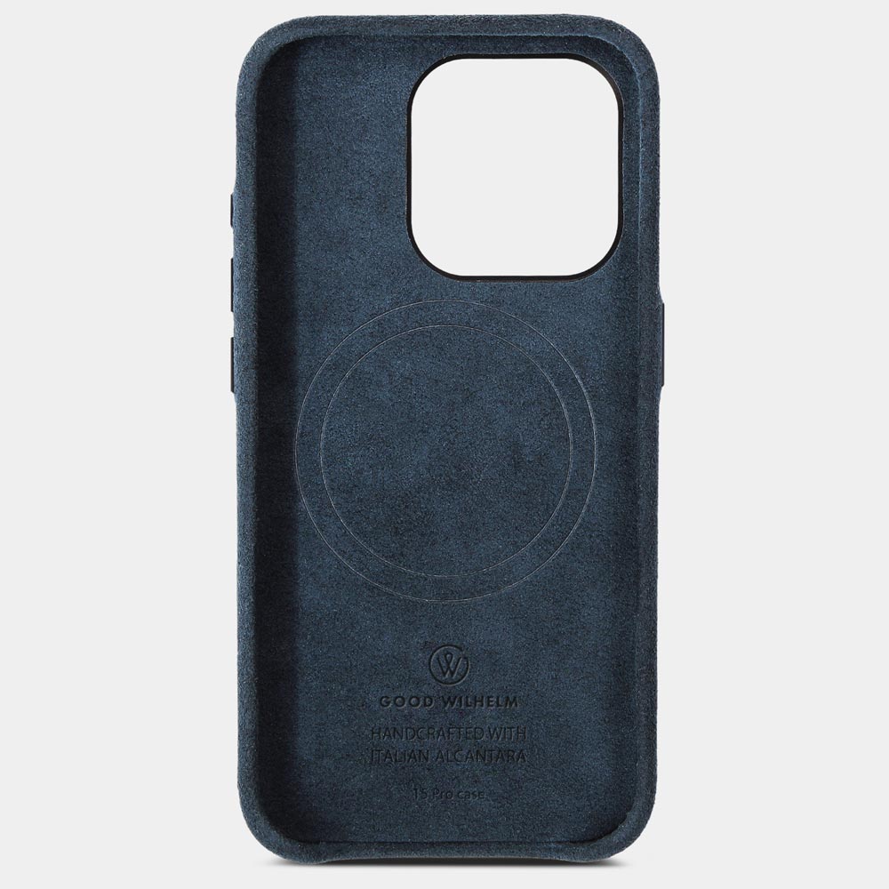 High-quality blue Alcantara iPhone case, front (inside) with visible MagSafe and high-quality embossed logo, detached.