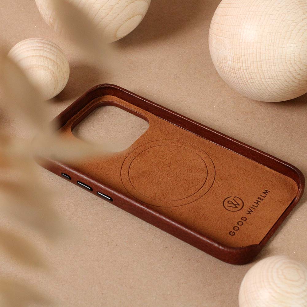Light brown iPhone case made from high-quality leather and microfiber