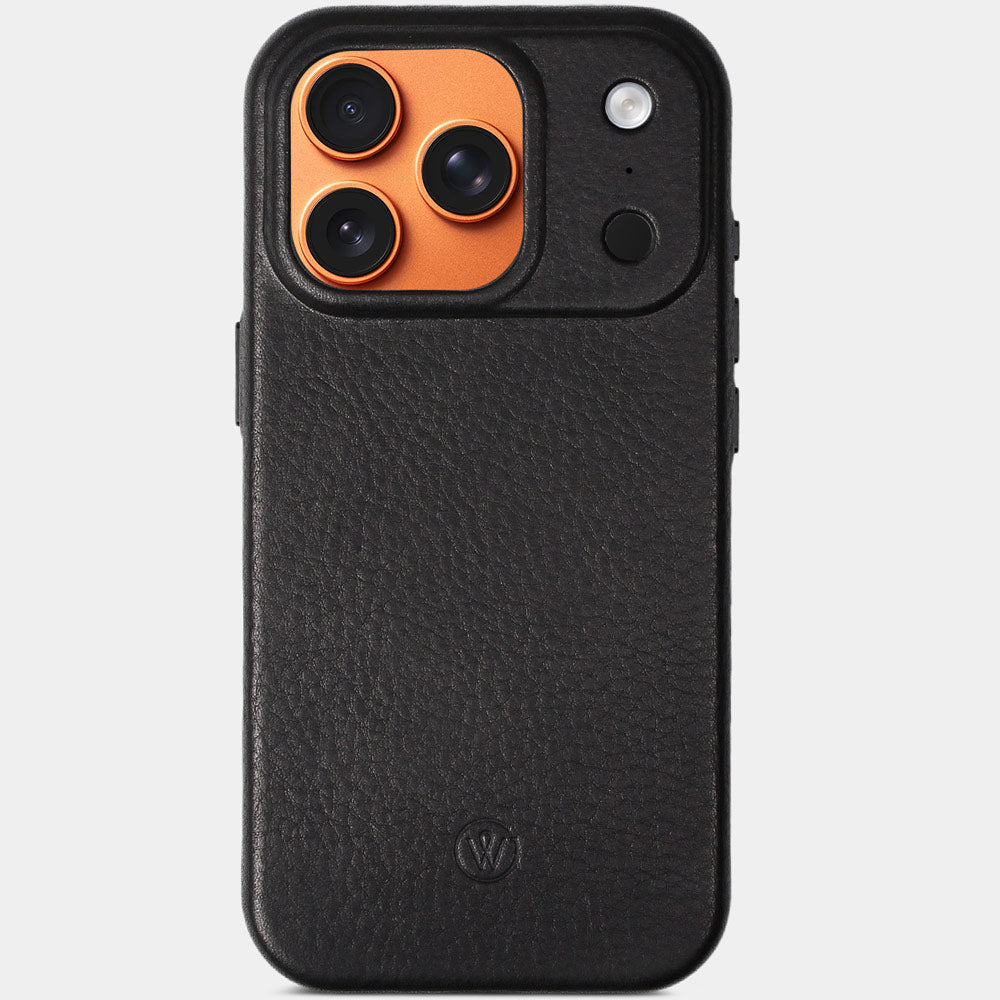 iPhone 18 Pro Hülle Leder Schwarz – Vorderseite mit iPhone, edle Echtlederhülle von Good Wilhelm, auch für iPhone 18 Pro Max geeignet