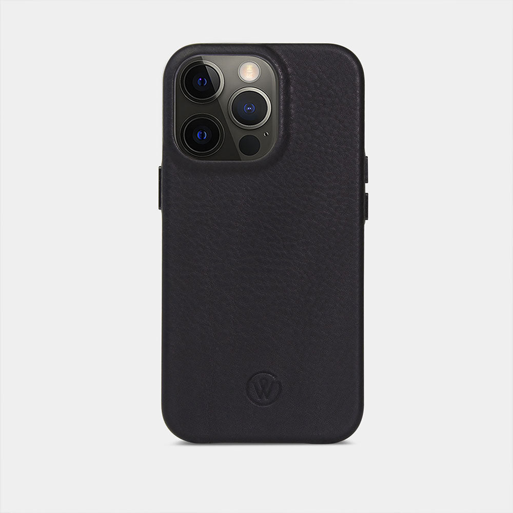 High-quality leather iPhone case in black against a white background
