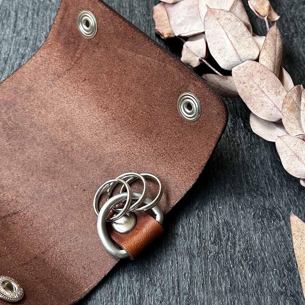 Leather key case in chocolate brown with stainless steel key ring