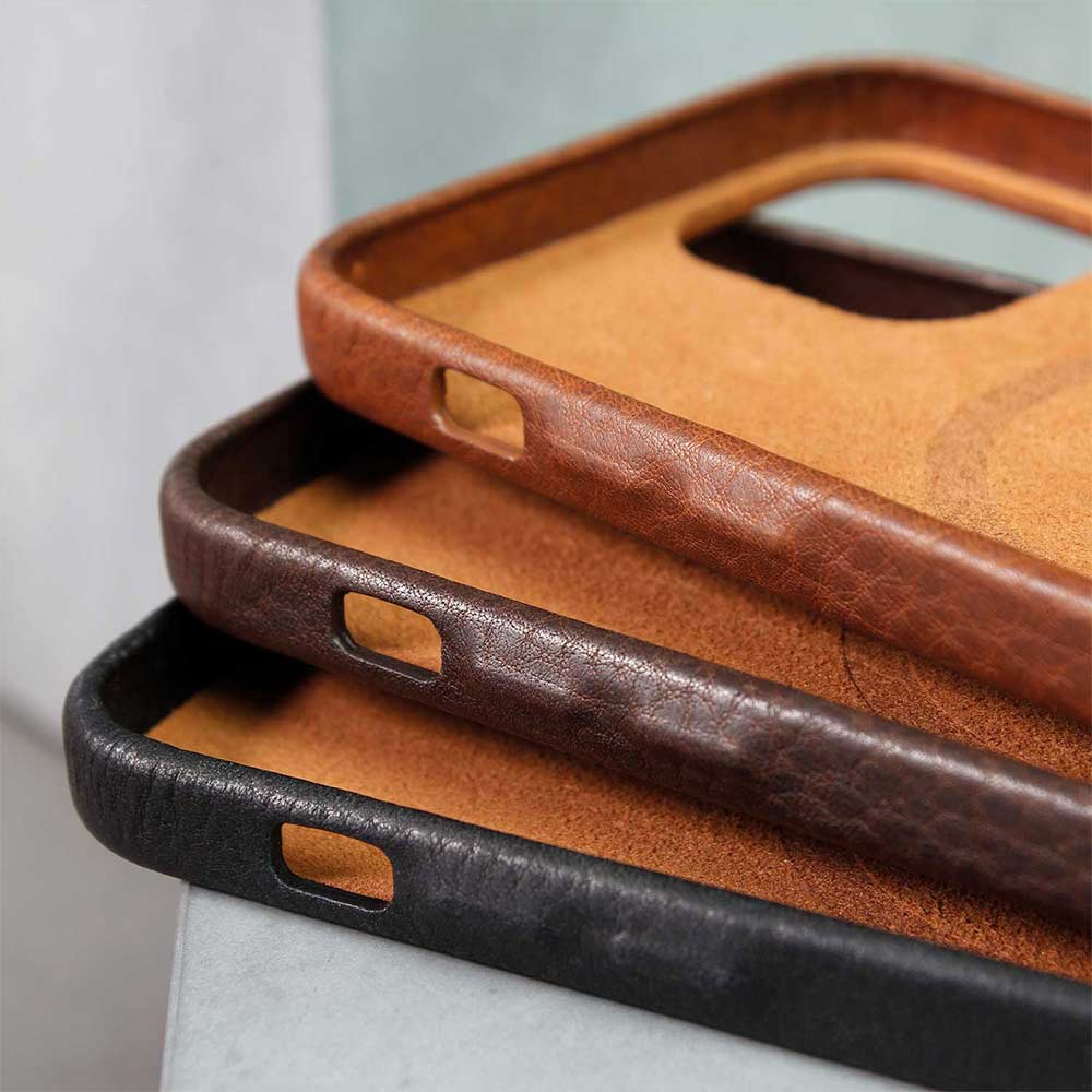 Three BRUNO iPhone cases with Magsafe from GoodWilhelm are stacked on top of each other