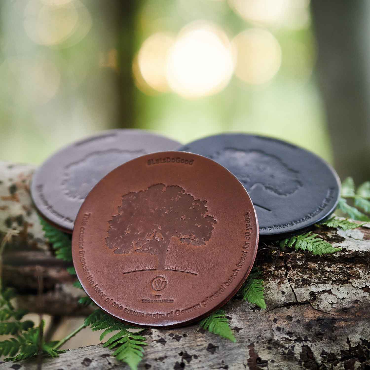 Three leather coasters MAX by Goodwilhelm on a tree trunk