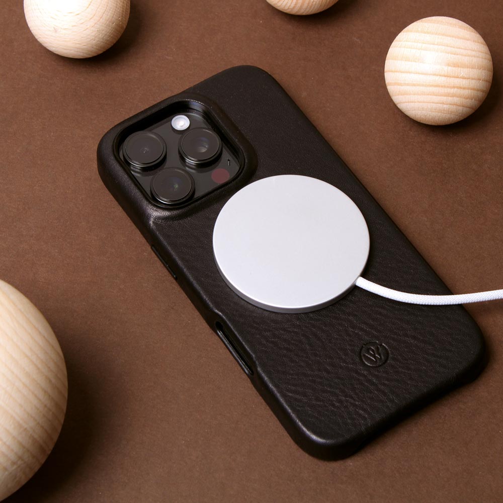 Black iPhone 16 Pro case made of genuine leather with MagSafe support, in eco-friendly brown cardboard box and wooden balls