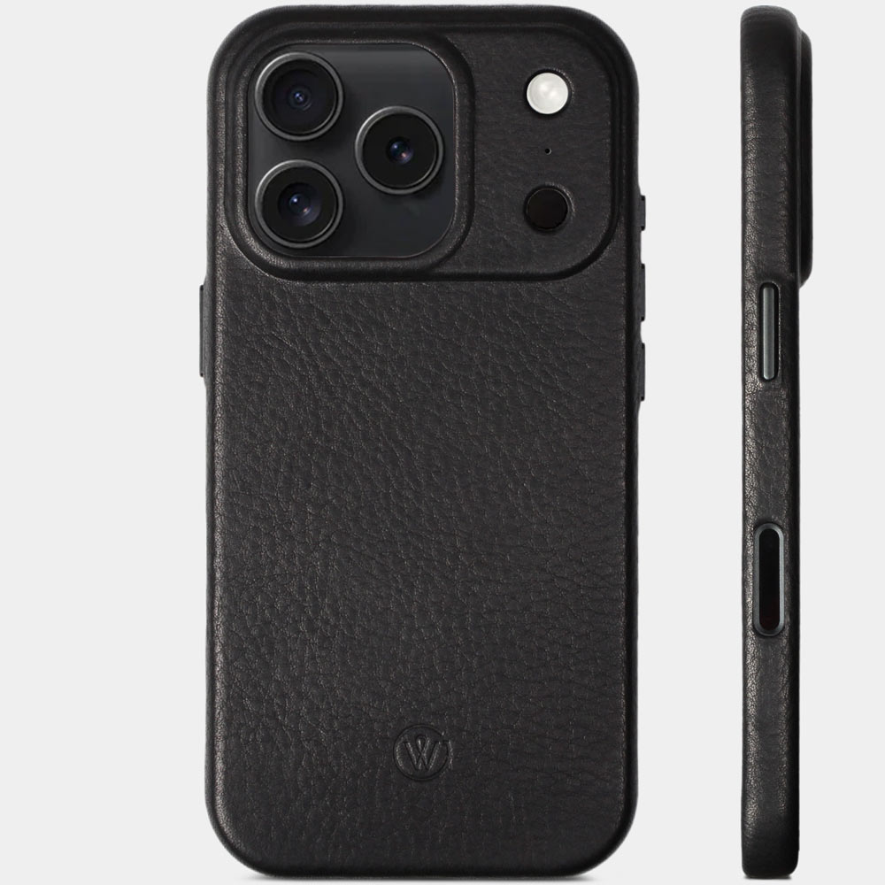 Schwarze iPhone 17 Air Lederhülle mit seitlicher Kamerataste und edler Außenseite