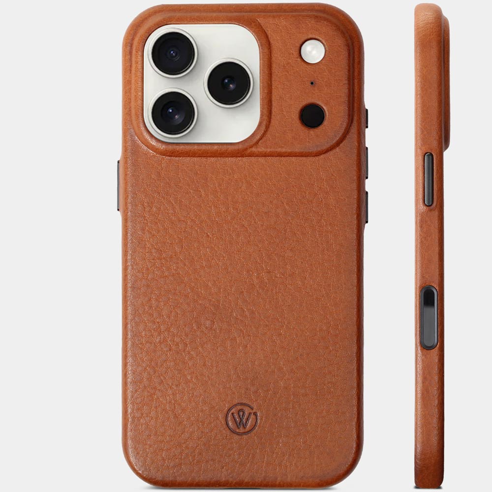 iPhone 17 Air Hülle Leder Cognac Braun – Seitenansicht mit präzise integrierter Kamerataste
