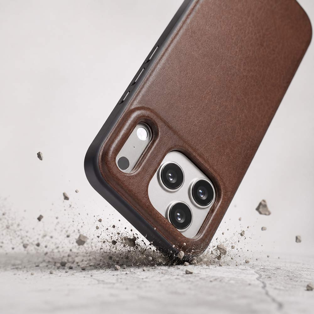 iPhone 17 Pro Hülle aus Leder und TPU Schutzrahmen stürzt auf rauhen Boden