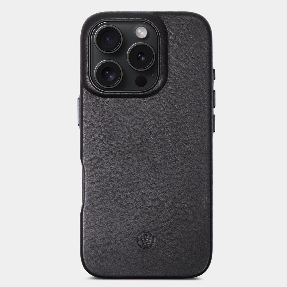 iPhone 16 Pro case made of black leather with camera cut-out, against a white background