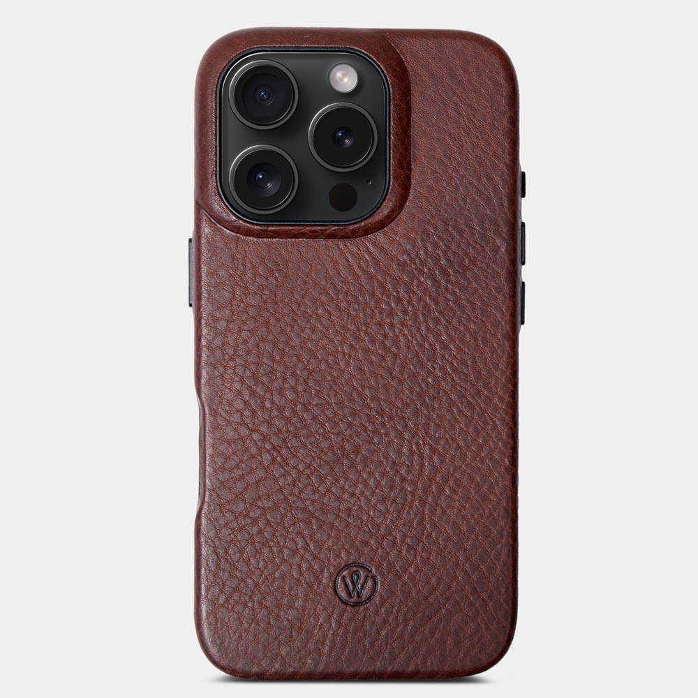 iPhone 16 Pro case made of chocolate-colored leather with camera cut-out, against a white background