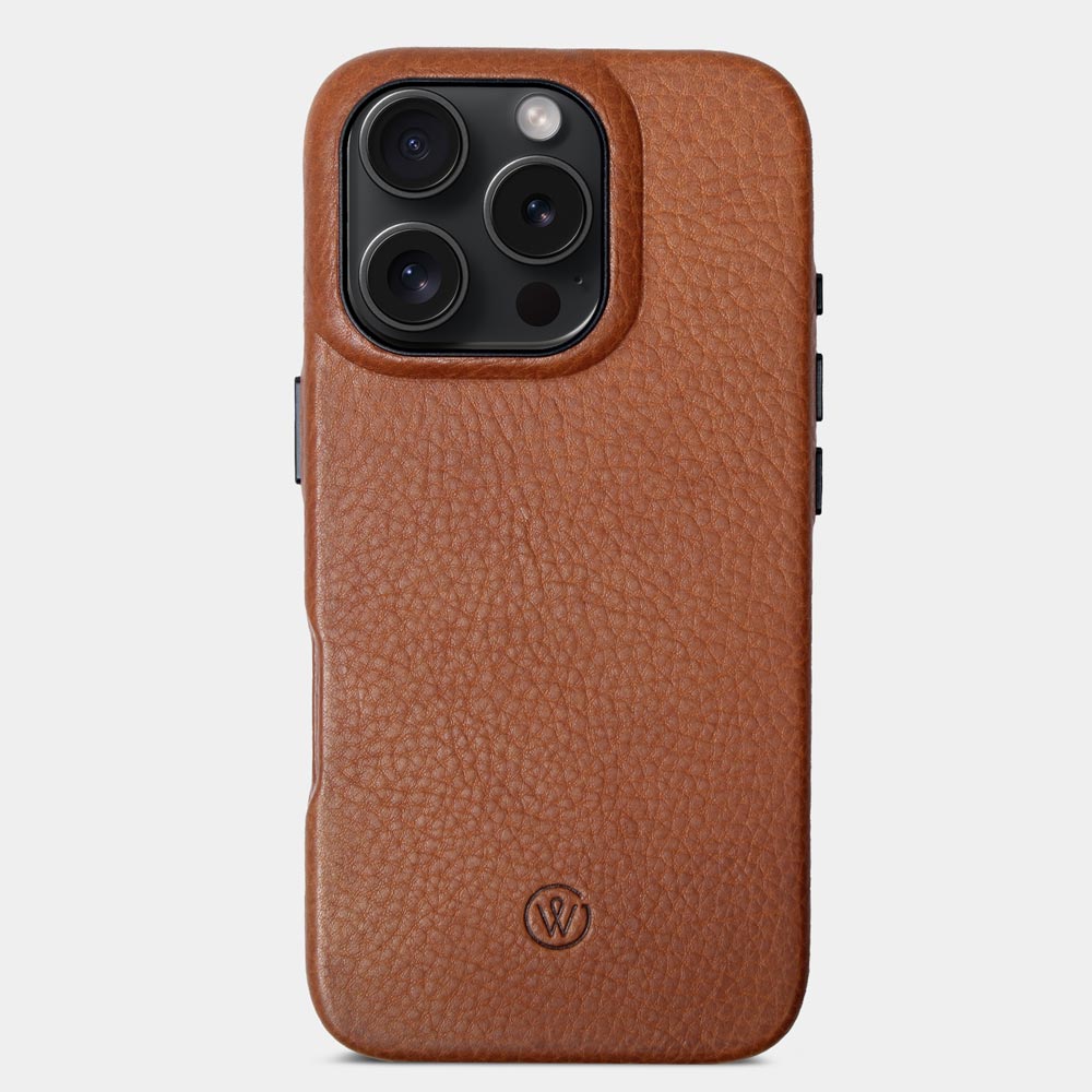 iPhone 16 Pro case made of cognac-colored leather with camera cut-out, against a white background