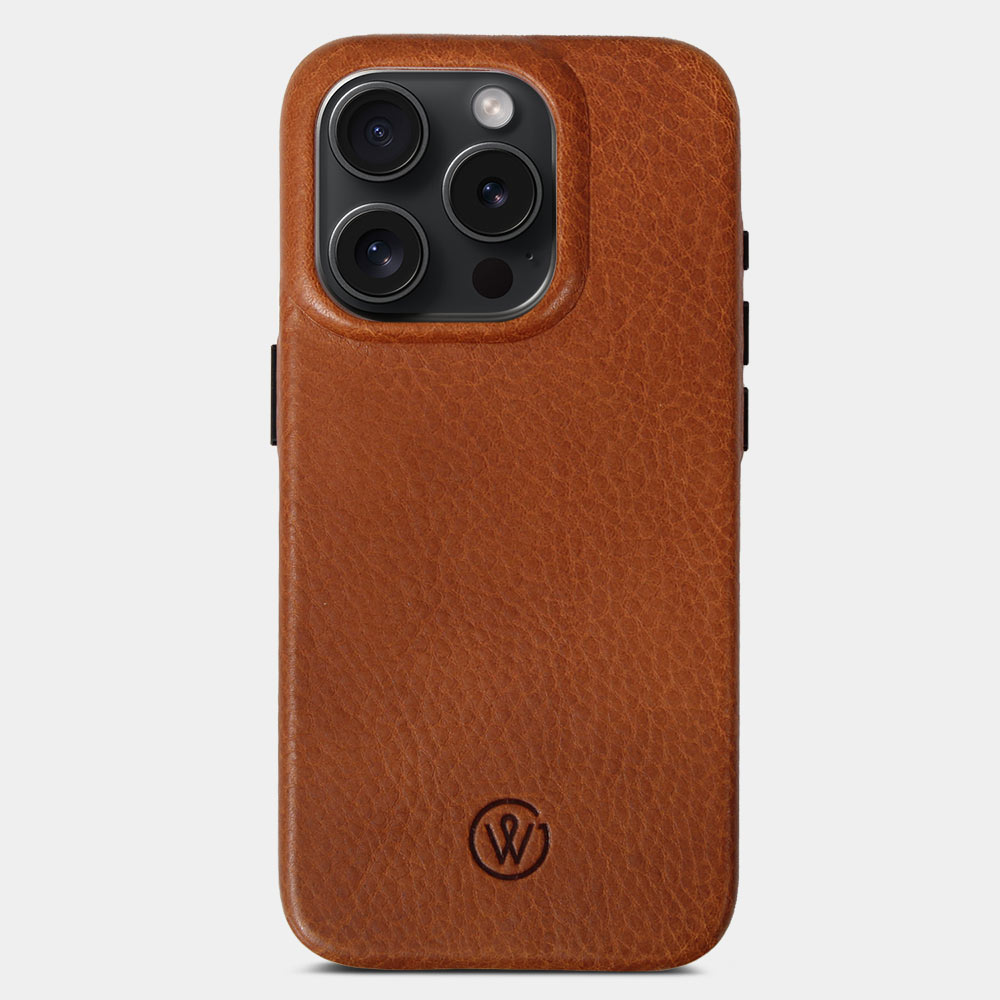 iPhone 16 Pro case made of cognac-colored leather with camera cut-out, against a white background