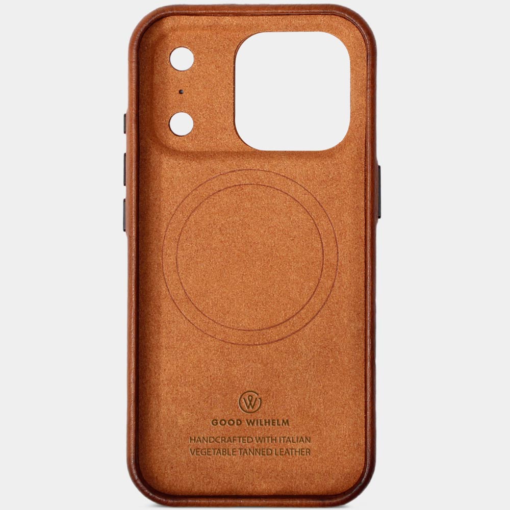 Innenansicht iPhone 17 Air Hülle Leder Cognac Braun mit weichem Mikrofaserfutter