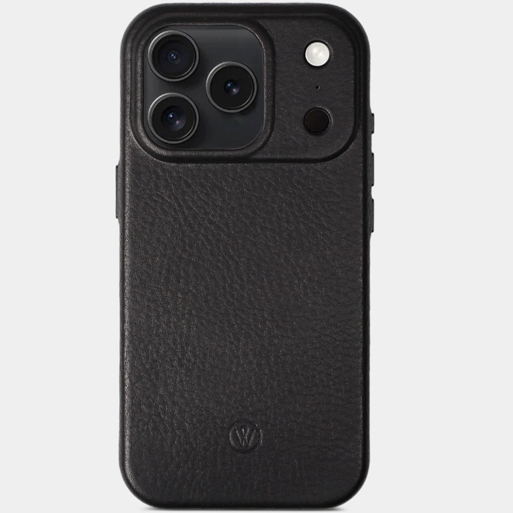 iPhone 17 Pro Hülle Leder Schwarz – Vorderseite mit iPhone, edle Echtlederhülle von Good Wilhelm, auch für iPhone 17 Pro Max geeignet