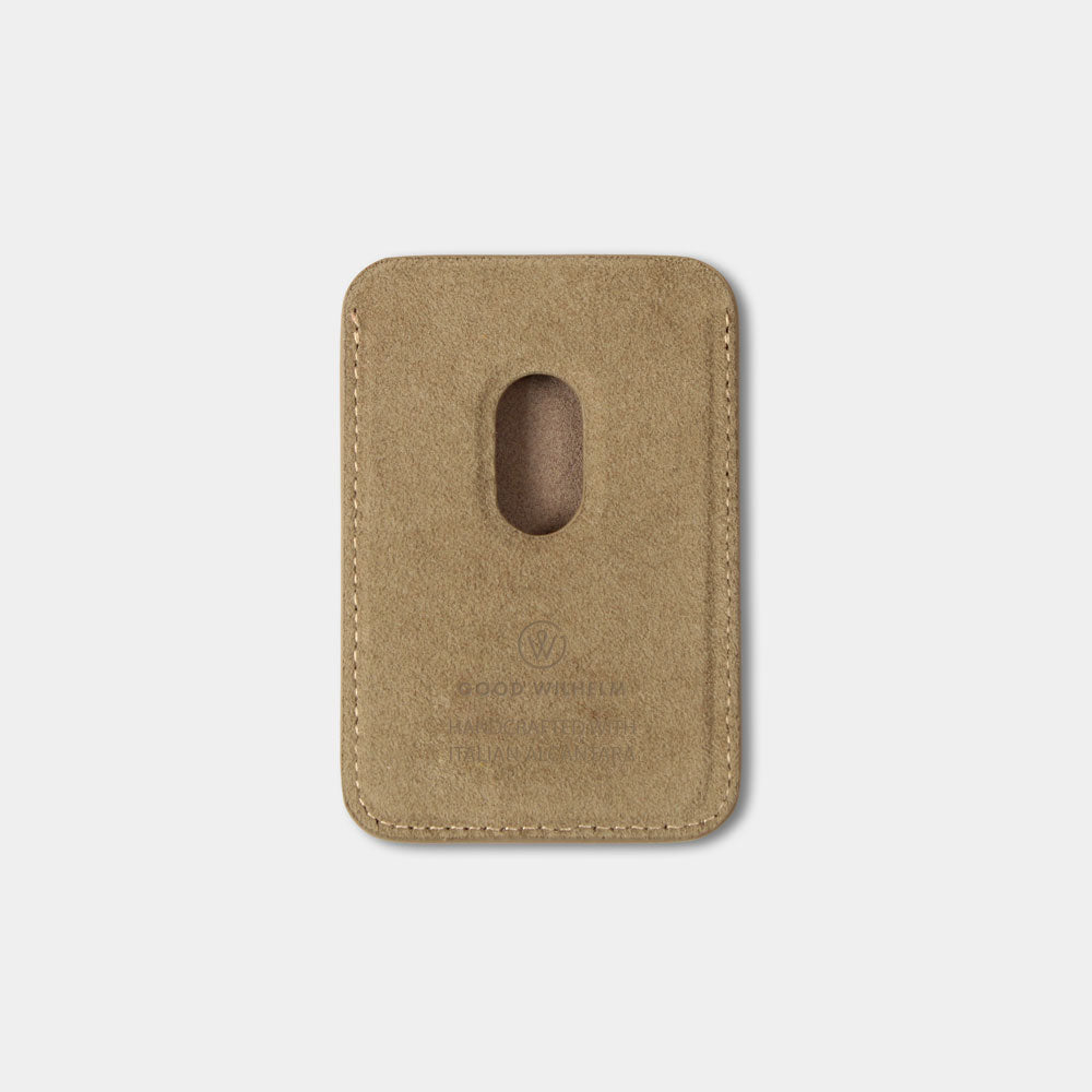 Sand-colored Magsafe Wallet for iPhone, back with thumb cut-out, offers convenient card access.