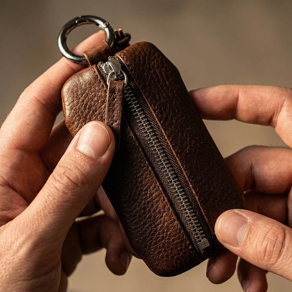 Schlüsseltasche aus Leder in chocolate Braun von Good Wilhelm als Detailaufnahme in der Hand