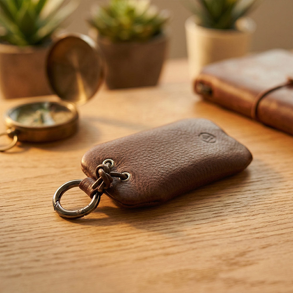 Braune Schlüsseltasche aus Leder von Good Wilhelm auf einem Holztisch neben Kompass und Büchern